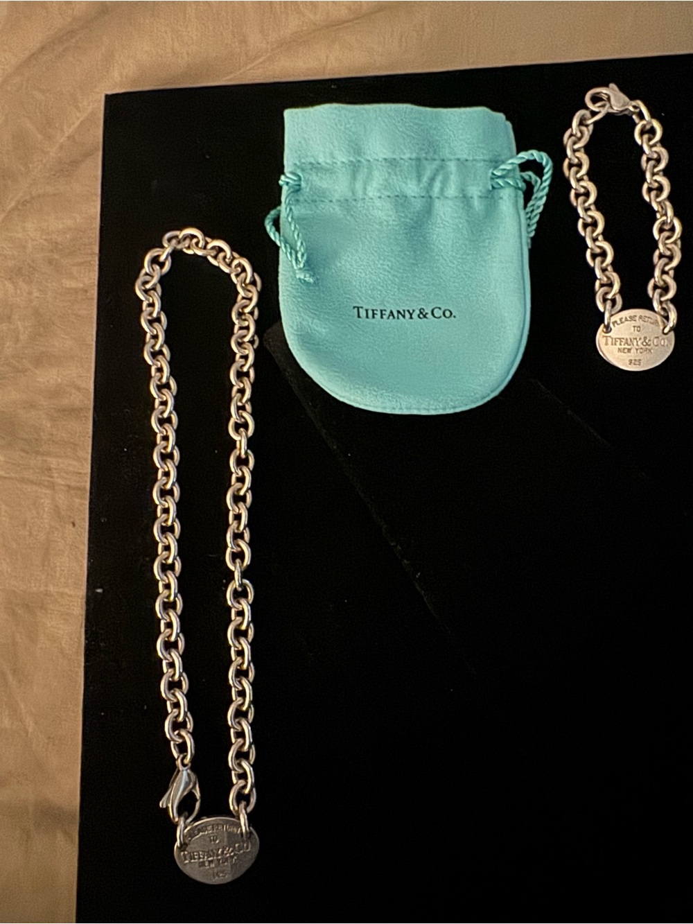Tiffany & Co. Silver Toggle Link Necklace and Bracelet set with Blue Pouch.